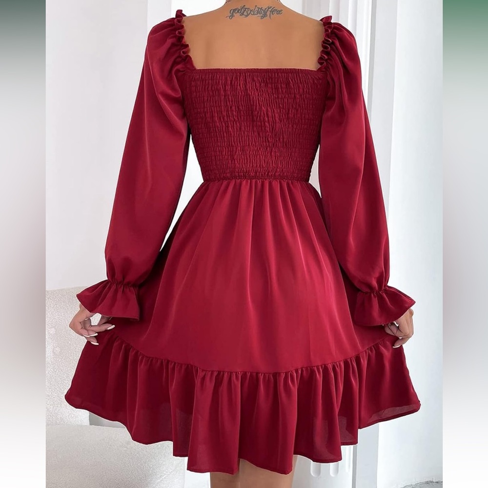 Womens Elegant lantern Sleeve Dress Ruffle Square Neck A Line Dresses